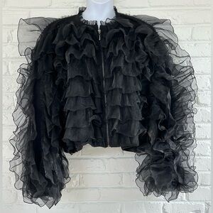 Eva Franco Ruffled Organza Bomber Jacket 24 Black New Cropped Statement Piece